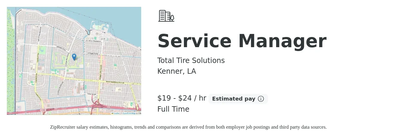 Total Tire Solutions job posting for a Service Manager in Kenner, LA with a salary of $20 to $25 Hourly with a map of Kenner location.