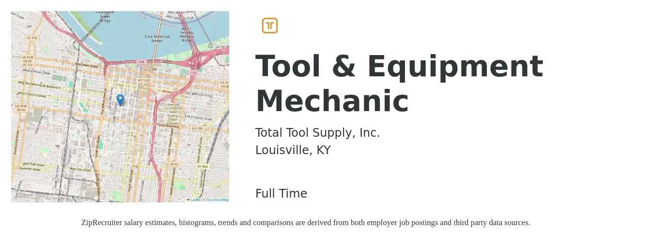 Total Tool Supply, Inc. job posting for a Tool & Equipment Mechanic in Louisville, KY with a salary of $23 to $32 Hourly with a map of Louisville location.