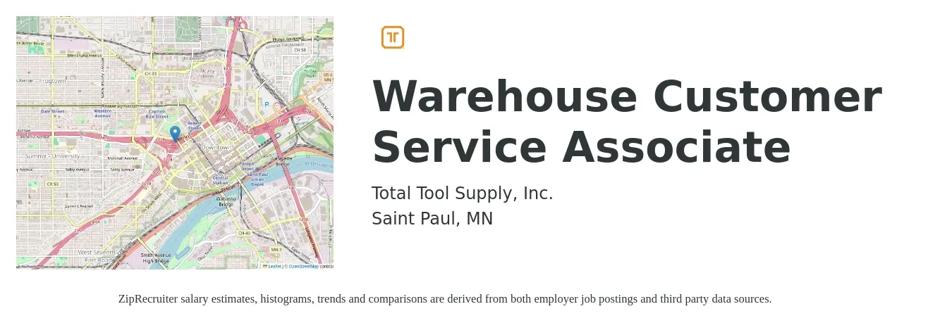 Total Tool Supply, Inc. job posting for a Warehouse Customer Service Associate in Saint Paul, MN with a salary of $14 to $20 Hourly with a map of Saint Paul location.