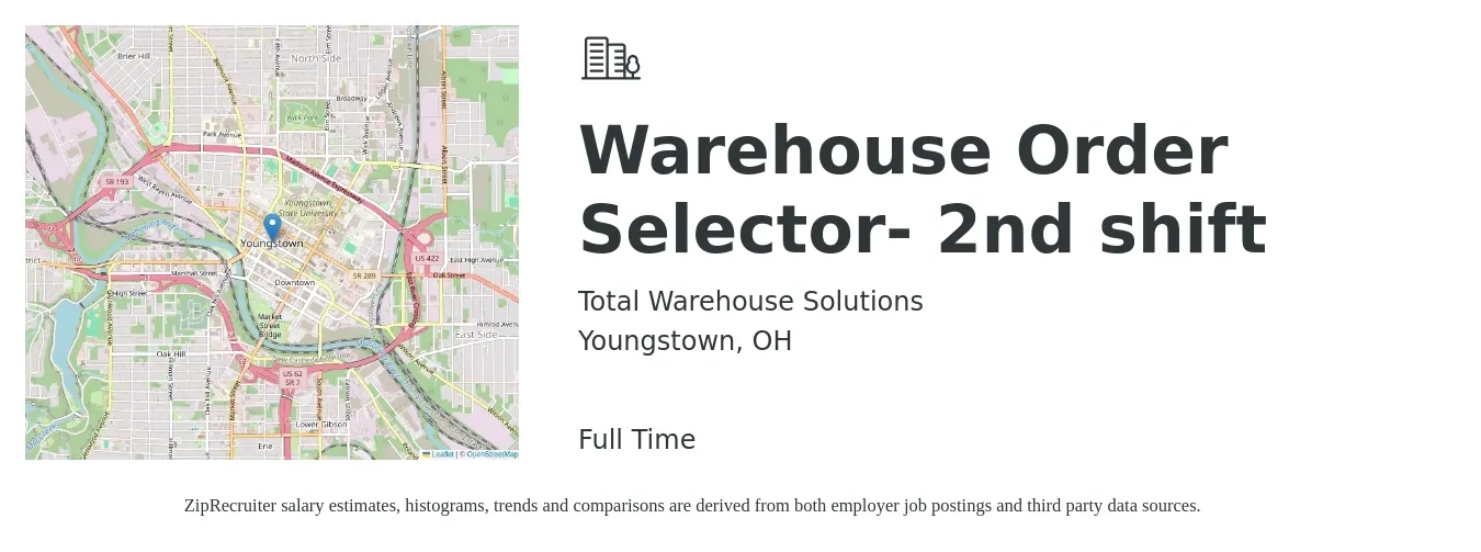 Total Warehouse Solutions job posting for a Warehouse Order Selector- 2nd shift in Youngstown, OH with a salary of $17 to $20 Hourly with a map of Youngstown location.