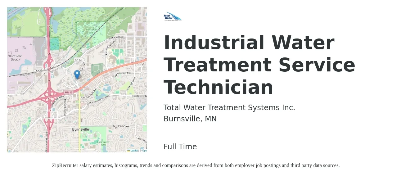 Total Water Treatment Systems Inc. job posting for a Industrial Water Treatment Service Technician in Burnsville, MN with a salary of $21 to $30 Hourly with a map of Burnsville location.