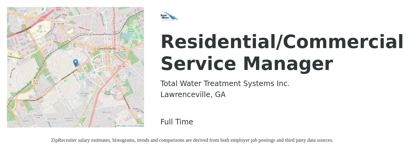 Total Water Treatment Systems Inc. job posting for a Residential/Commercial Service Manager in Lawrenceville, GA with a salary of $44,900 to $69,500 Yearly with a map of Lawrenceville location.