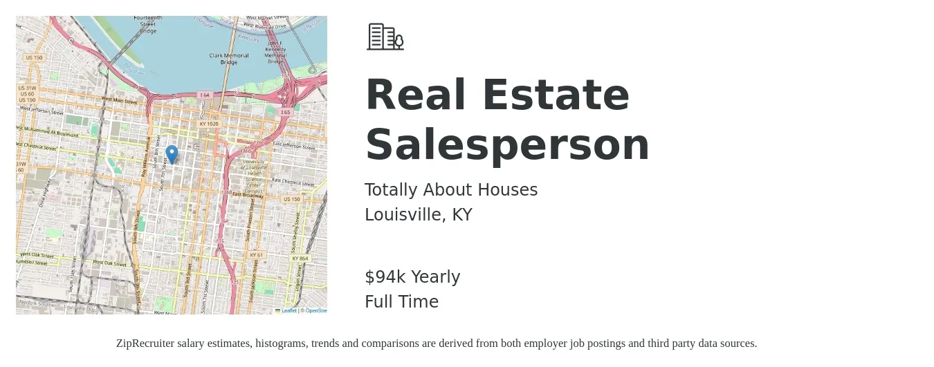 Totally About Houses job posting for a Real Estate Salesperson in Louisville, KY with a salary of $94,000 Yearly with a map of Louisville location.