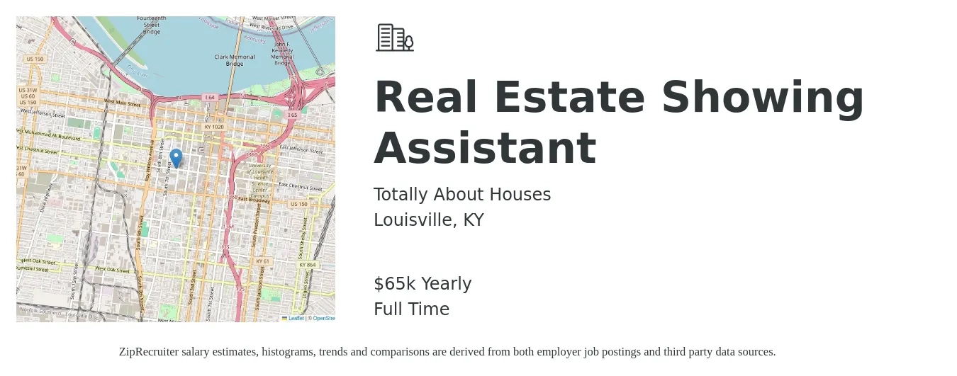 Totally About Houses job posting for a Real Estate Showing Assistant in Louisville, KY with a salary of $65,500 Yearly with a map of Louisville location.