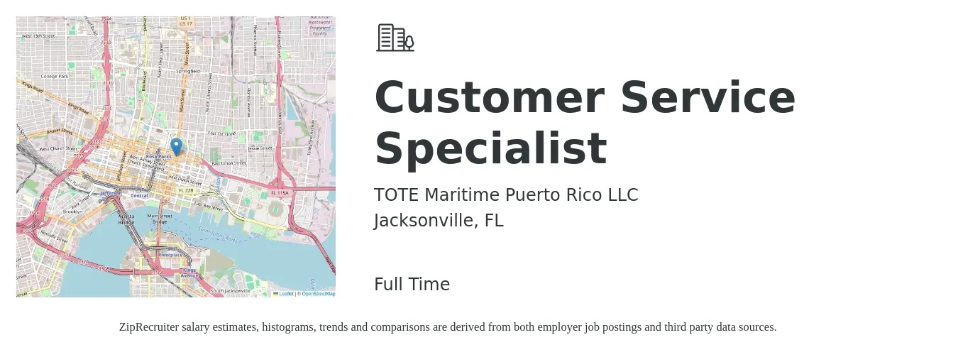 TOTE Maritime Puerto Rico LLC job posting for a Customer Service Specialist in Jacksonville, FL with a salary of $15 to $20 Hourly with a map of Jacksonville location.