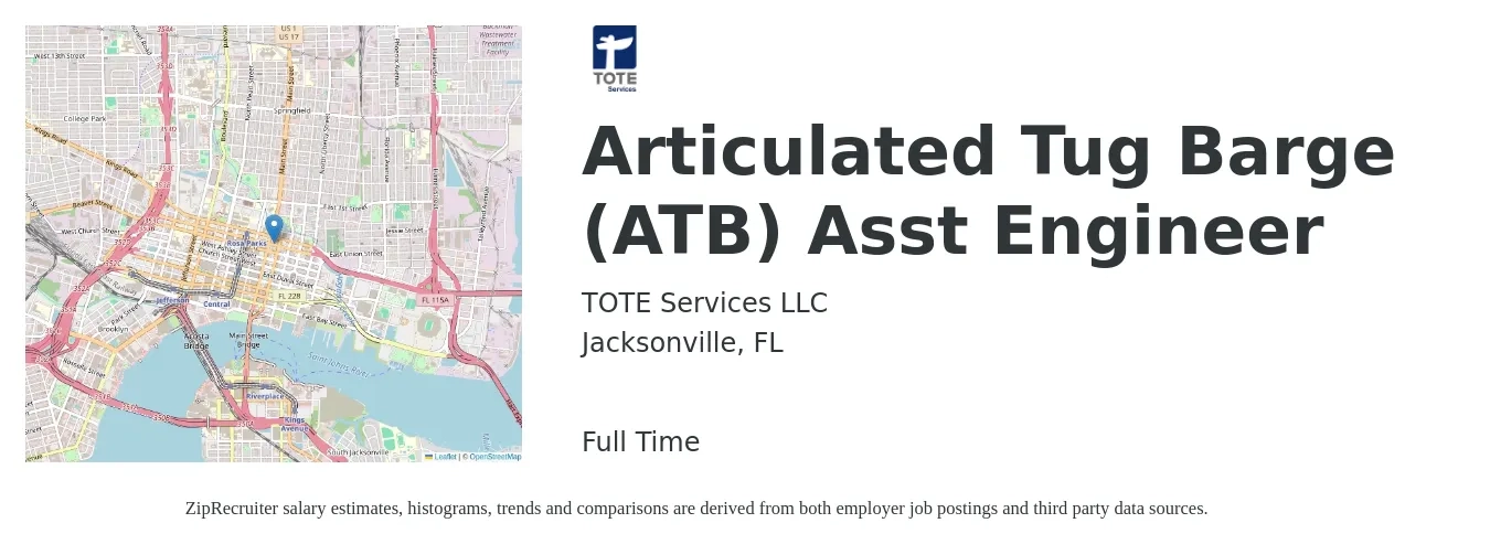TOTE Services LLC job posting for a Articulated Tug Barge (ATB) Asst Engineer in Jacksonville, FL with a salary of $63,400 to $94,000 Yearly with a map of Jacksonville location.