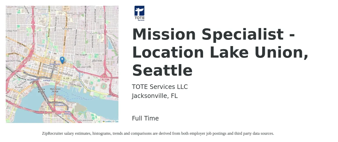 TOTE Services LLC job posting for a Mission Specialist - Location Lake Union, Seattle in Jacksonville, FL with a map of Jacksonville location.