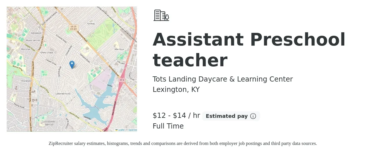 Tots Landing Daycare & Learning Center job posting for a Assistant Preschool teacher in Lexington, KY with a salary of $14 to $15 Hourly with a map of Lexington location.