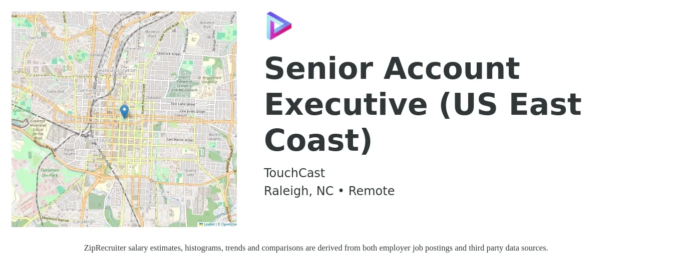 TouchCast job posting for a Senior Account Executive (US East Coast) in Raleigh, NC with a salary of $74,800 to $114,700 Yearly with a map of Raleigh location.