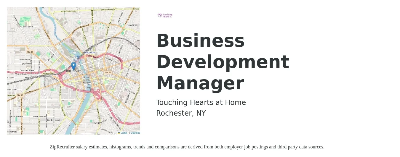 Touching Hearts at Home job posting for a Business Development Manager in Rochester, NY with a salary of $65,000 Yearly with a map of Rochester location.