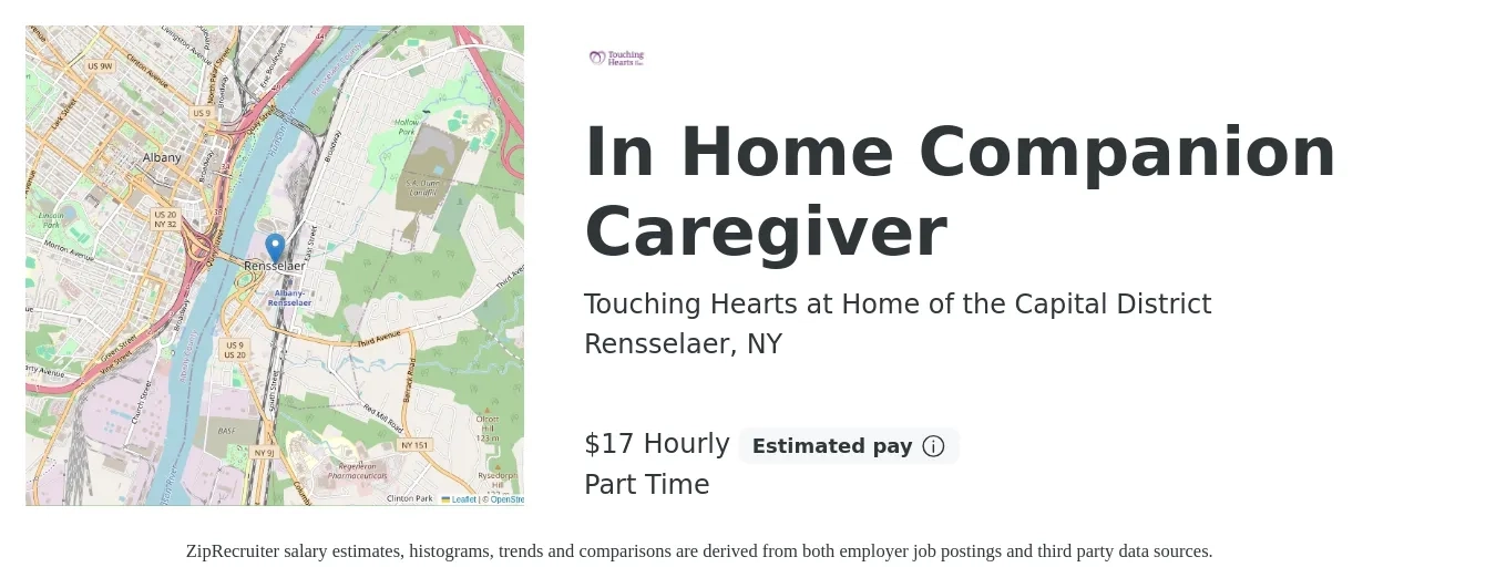 Touching Hearts at Home of the Capital District job posting for a In Home Companion Caregiver in Rensselaer, NY with a salary of $18 Hourly with a map of Rensselaer location.