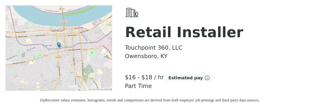 Touchpoint 360, LLC job posting for a Retail Installer in Owensboro, KY with a salary of $17 to $19 Hourly with a map of Owensboro location.