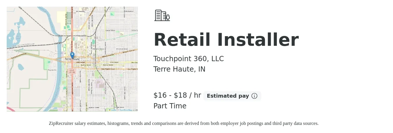Touchpoint 360, LLC job posting for a Retail Installer in Terre Haute, IN with a salary of $17 to $19 Hourly with a map of Terre Haute location.