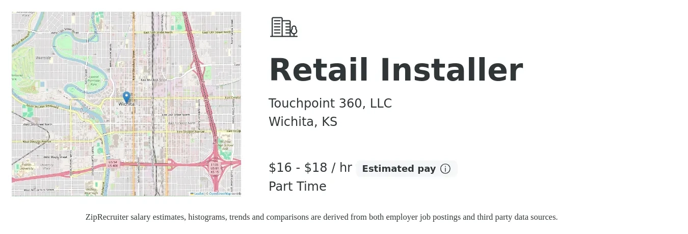 Touchpoint 360, LLC job posting for a Retail Installer in Wichita, KS with a salary of $17 to $19 Hourly with a map of Wichita location.