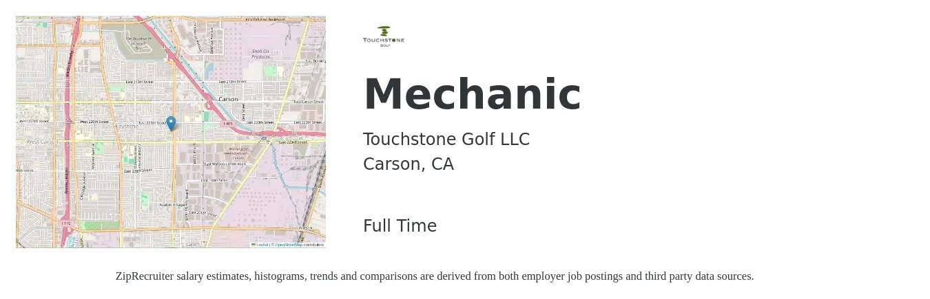 Touchstone Golf LLC job posting for a Mechanic in Carson, CA with a salary of $21 to $31 Hourly with a map of Carson location.