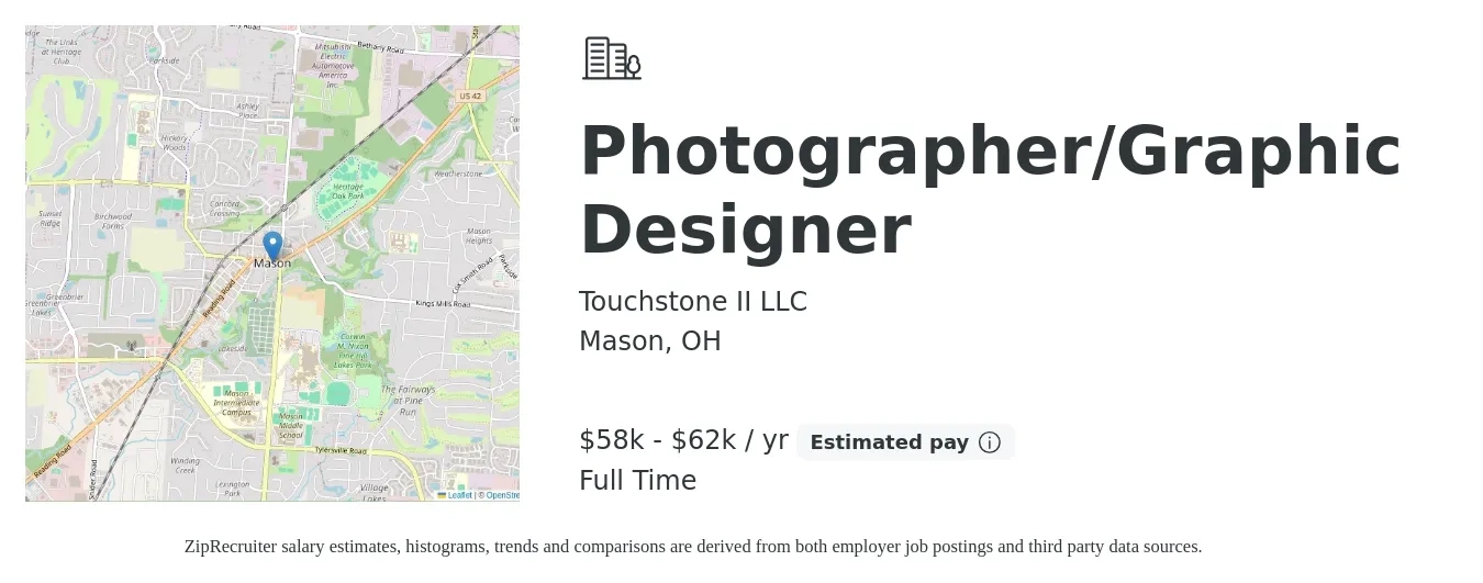 Touchstone II LLC job posting for a Photographer/Graphic Designer in Mason, OH with a salary of $58,000 to $62,500 Yearly with a map of Mason location.