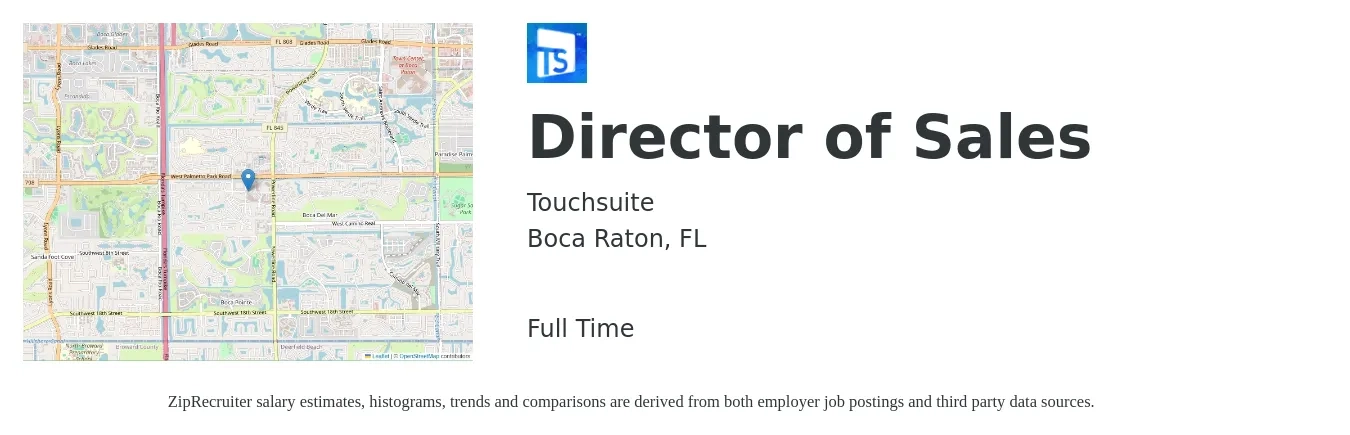 Touchsuite job posting for a Director of Sales in Boca Raton, FL with a salary of $65,500 to $116,200 Yearly with a map of Boca Raton location.