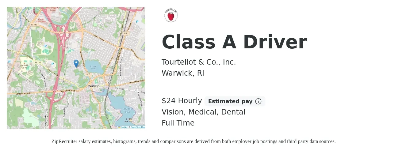 Tourtellot & Co., Inc. job posting for a Class A Driver in Warwick, RI with a salary of $26 Hourly and benefits including dental, medical, pto, retirement, and vision with a map of Warwick location.