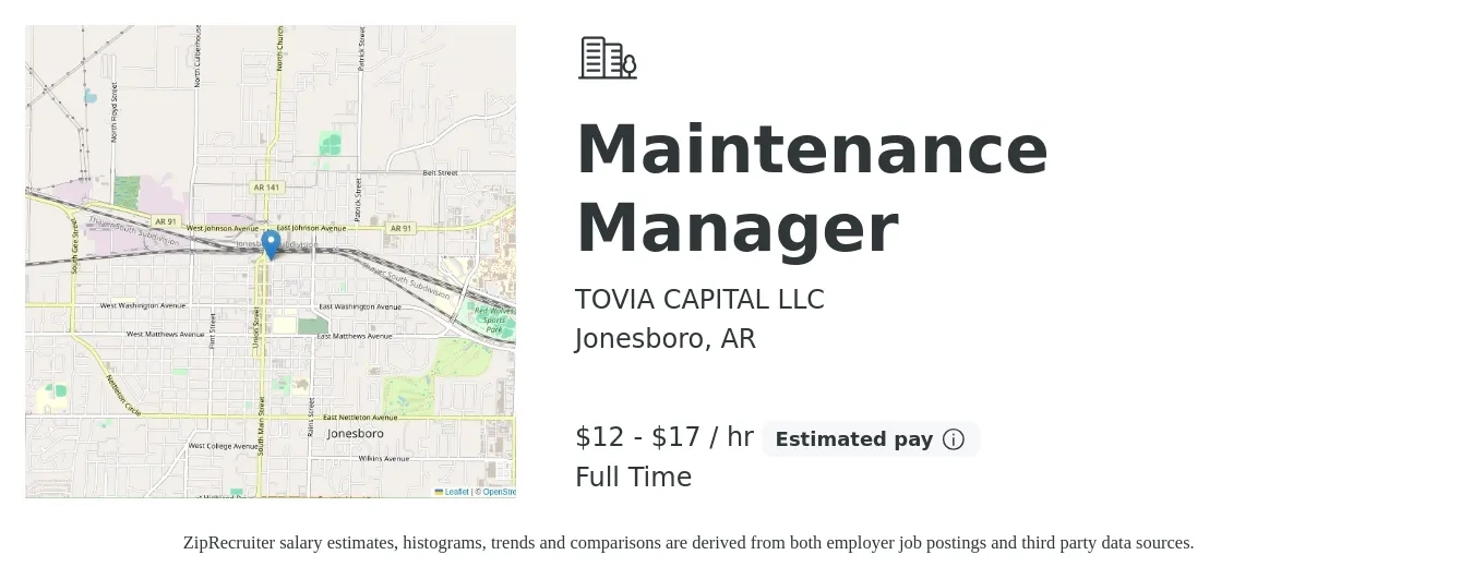 TOVIA CAPITAL LLC job posting for a Maintenance Manager in Jonesboro, AR with a salary of $13 to $18 Hourly with a map of Jonesboro location.