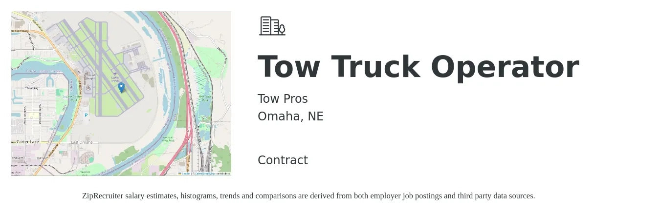 Tow Pros job posting for a Tow Truck Operator in Omaha, NE with a salary of $1,000 to $5,000 Weekly with a map of Omaha location.