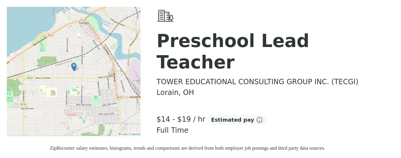 TOWER EDUCATIONAL CONSULTING GROUP INC. (TECGI) job posting for a Preschool Lead Teacher in Lorain, OH with a salary of $15 to $20 Hourly with a map of Lorain location.