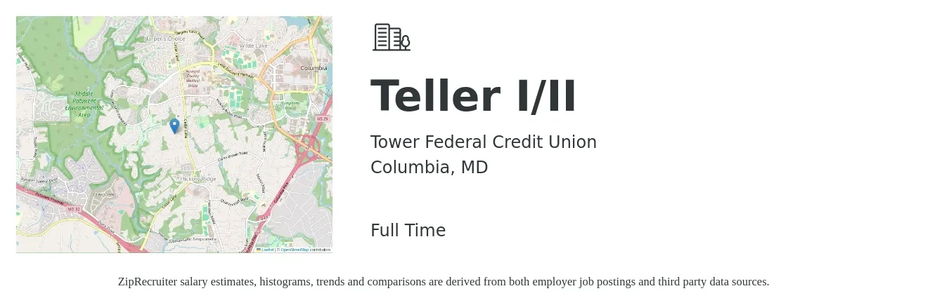 Tower Federal Credit Union job posting for a Teller I/II in Columbia, MD with a salary of $16 to $20 Hourly with a map of Columbia location.