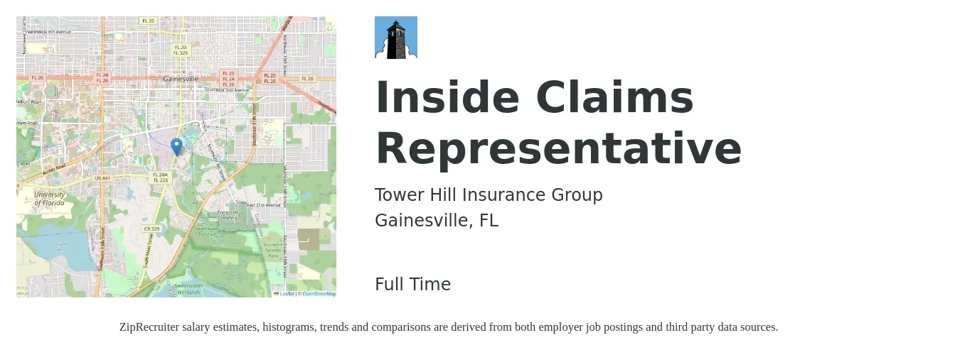 Tower Hill Insurance Group job posting for a Inside Claims Representative in Gainesville, FL with a salary of $16 to $20 Hourly with a map of Gainesville location.