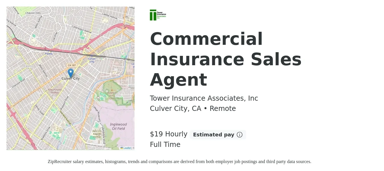 Tower Insurance Associates, Inc job posting for a Commercial Insurance Sales Agent in Culver City, CA with a salary of $20 Hourly with a map of Culver City location.