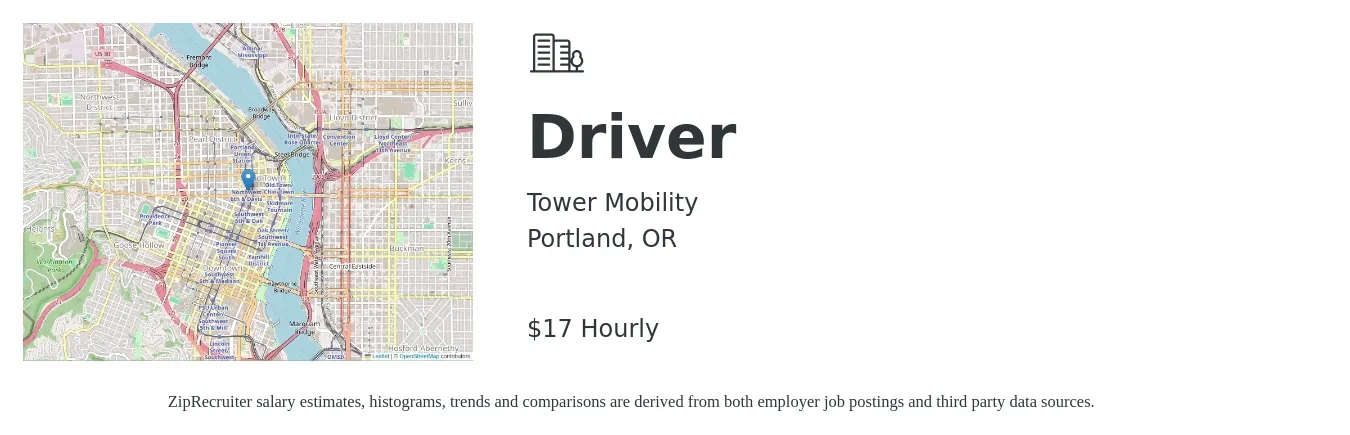Tower Mobility job posting for a Driver in Portland, OR with a salary of $18 Hourly with a map of Portland location.