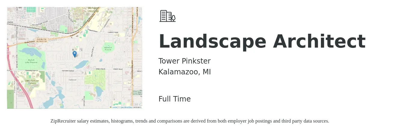 Tower Pinkster job posting for a Landscape Architect in Kalamazoo, MI with a salary of $65,200 to $89,700 Yearly with a map of Kalamazoo location.