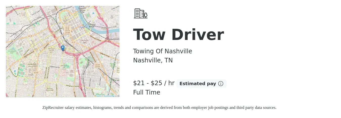 Towing Of Nashville job posting for a Tow Driver in Nashville, TN with a salary of $22 to $26 Hourly with a map of Nashville location.