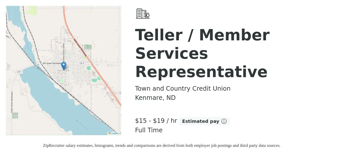 Town and Country Credit Union job posting for a Teller / Member Services Representative in Kenmare, ND with a salary of $16 to $20 Hourly with a map of Kenmare location.