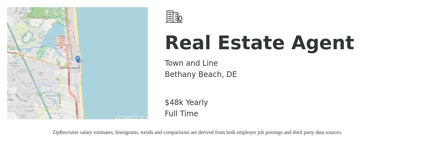 Town and Line job posting for a Real Estate Agent in Bethany Beach, DE with a salary of $48,227 Yearly with a map of Bethany Beach location.