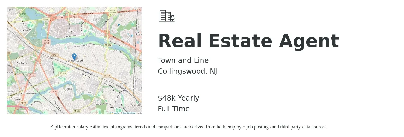 Town and Line job posting for a Real Estate Agent in Collingswood, NJ with a salary of $48,227 Yearly with a map of Collingswood location.