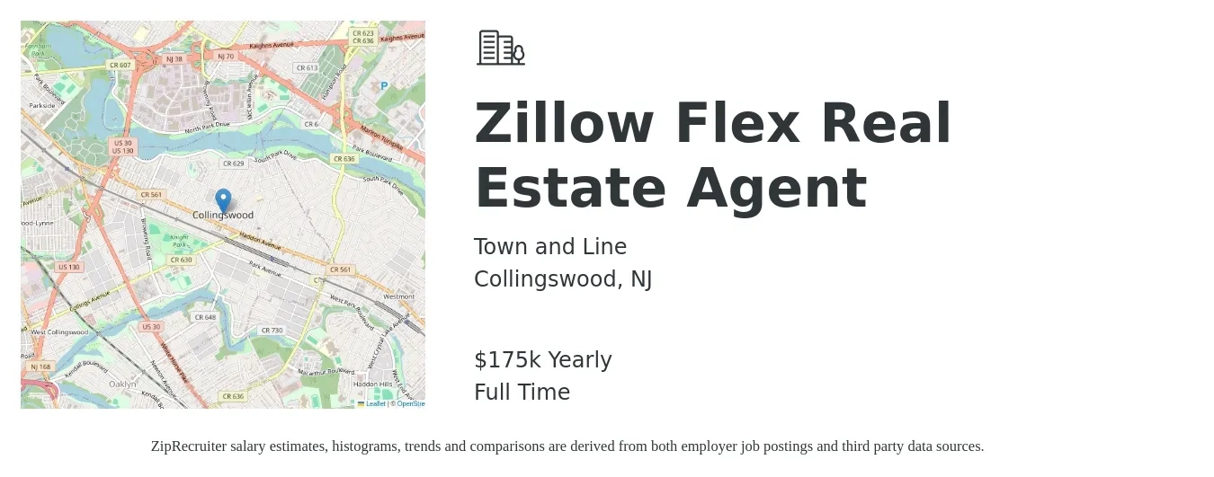 Town and Line job posting for a Zillow Flex Real Estate Agent in Collingswood, NJ with a salary of $175,000 Yearly with a map of Collingswood location.
