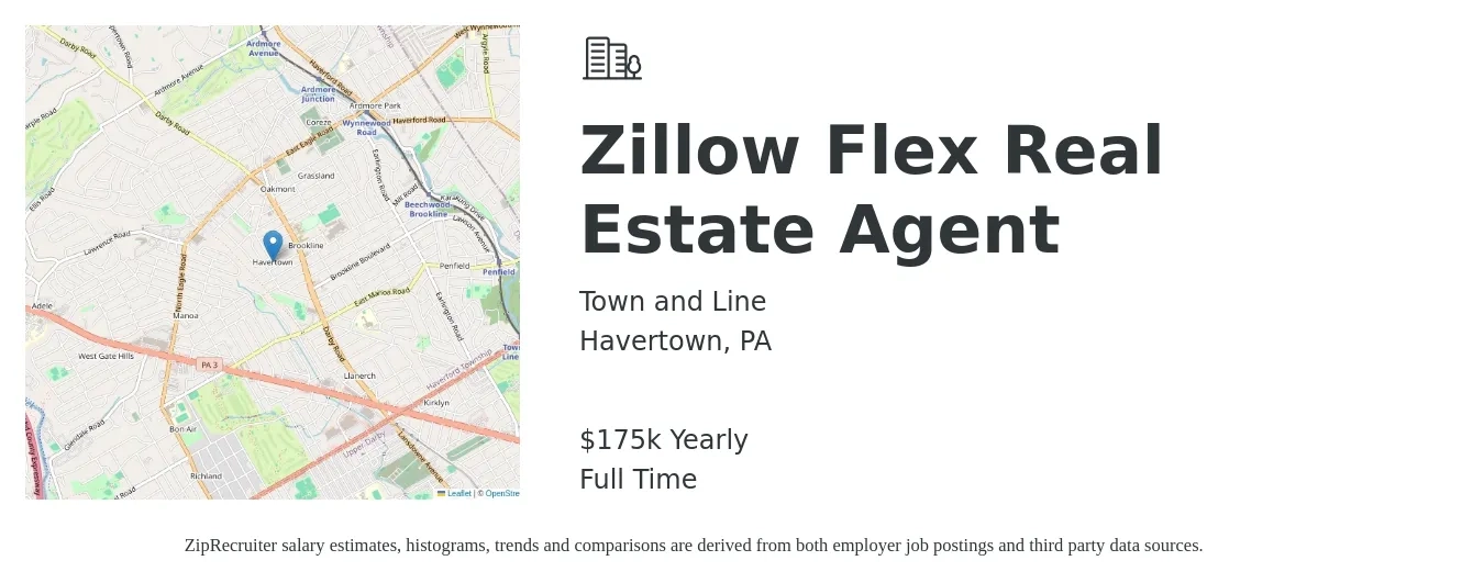 Town and Line job posting for a Zillow Flex Real Estate Agent in Havertown, PA with a salary of $175,000 Yearly with a map of Havertown location.