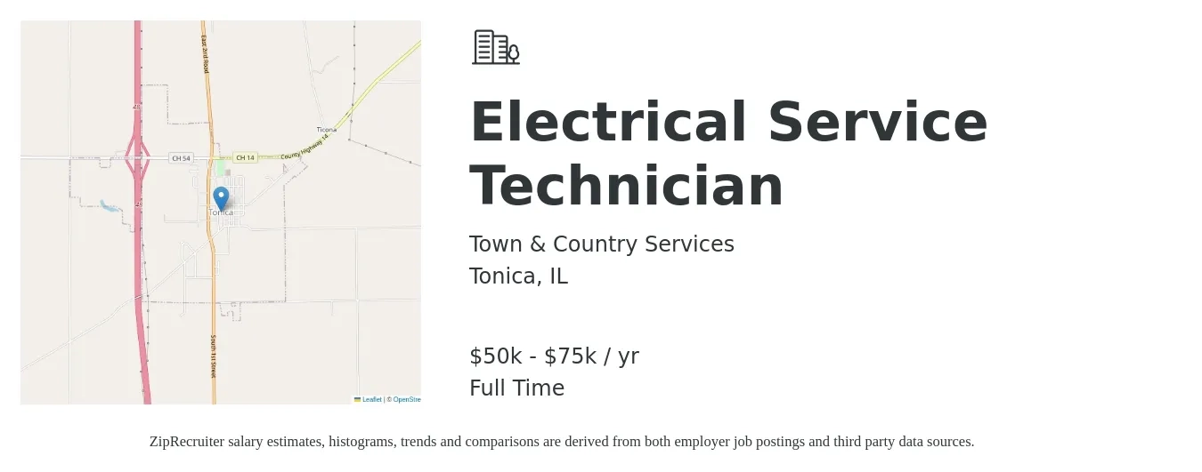 Town & Country Services job posting for a Electrical Service Technician in Tonica, IL with a salary of $50,000 to $75,000 Yearly with a map of Tonica location.
