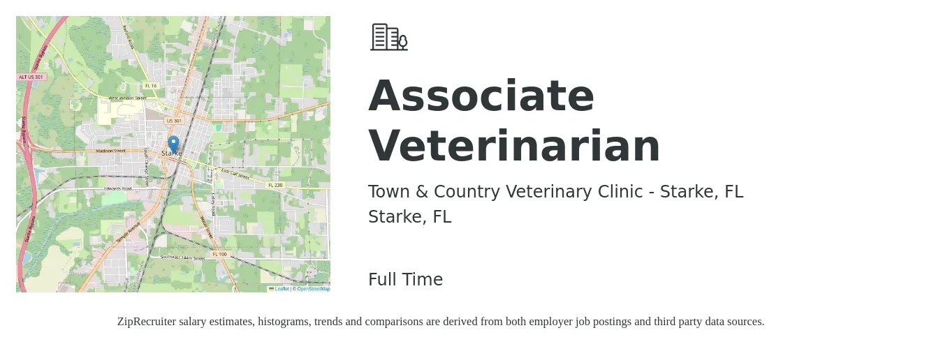 Town & Country Veterinary Clinic - Starke, FL job posting for a Associate Veterinarian in Starke, FL with a salary of $87,500 to $141,300 Yearly with a map of Starke location.