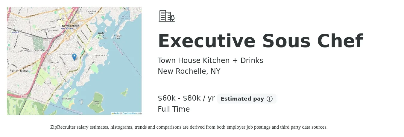 Town House Kitchen + Drinks job posting for a Executive Sous Chef in New Rochelle, NY with a salary of $60,000 to $80,000 Yearly with a map of New Rochelle location.