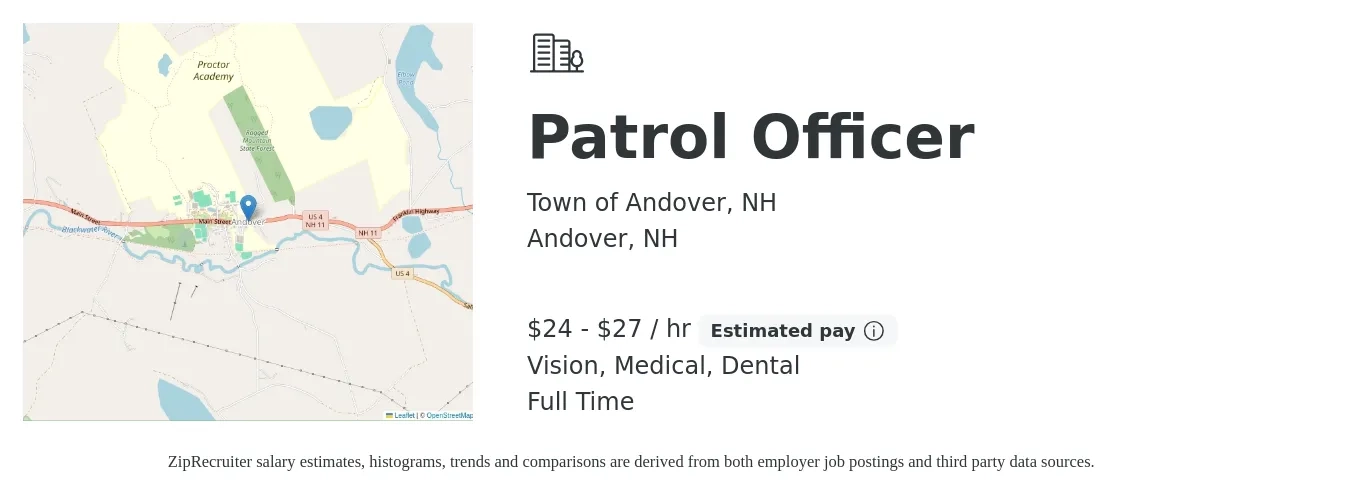 Town of Andover, NH job posting for a Patrol Officer in Andover, NH with a salary of $25 to $29 Hourly and benefits including pto, retirement, vision, dental, life_insurance, and medical with a map of Andover location.