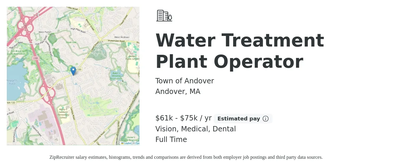 Town of Andover job posting for a Water Treatment Plant Operator in Andover, MA with a salary of $61,981 to $75,589 Yearly and benefits including vision, dental, life_insurance, medical, pto, and retirement with a map of Andover location.