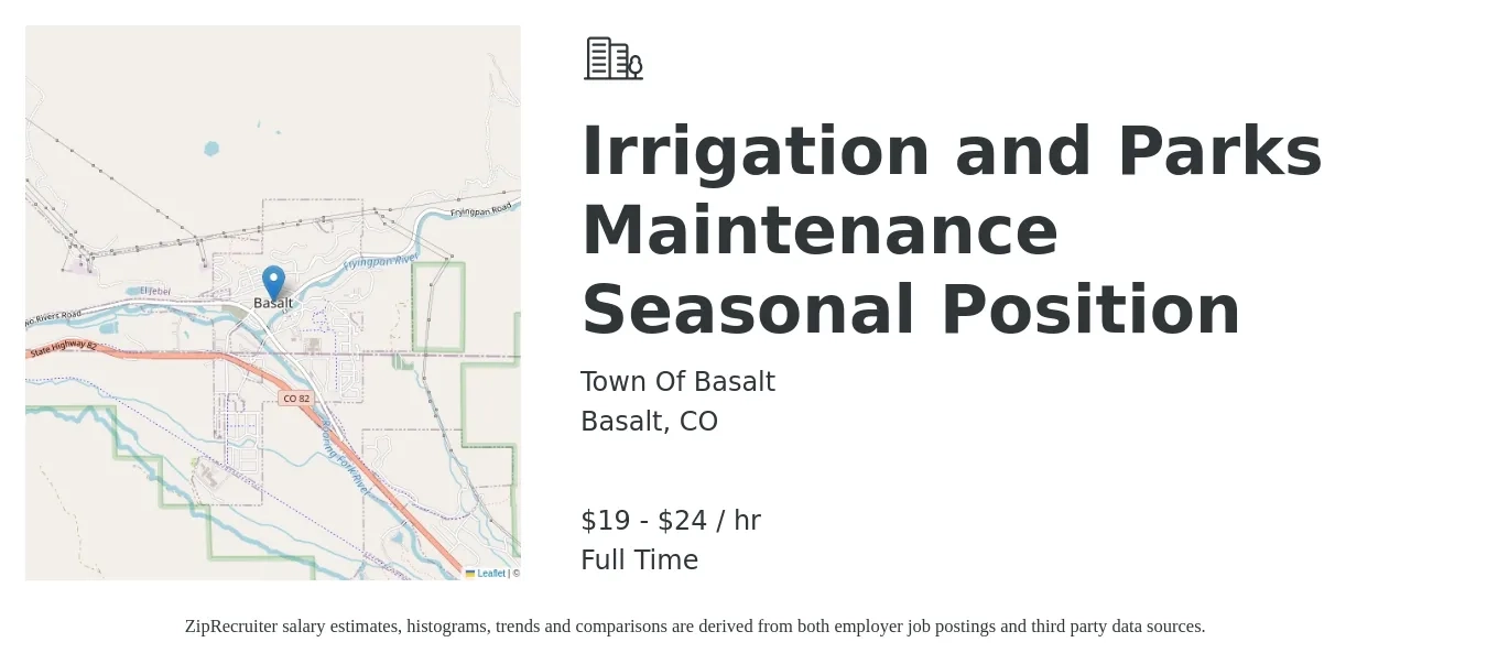 Town Of Basalt job posting for a Irrigation and Parks Maintenance Seasonal Position in Basalt, CO with a salary of $20 to $25 Hourly with a map of Basalt location.