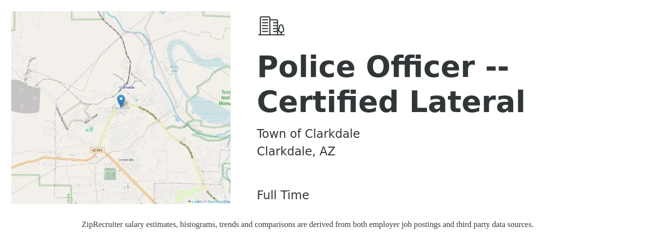 Town of Clarkdale job posting for a Police Officer - Certified Lateral in Clarkdale, AZ with a salary of $26 Hourly with a map of Clarkdale location.