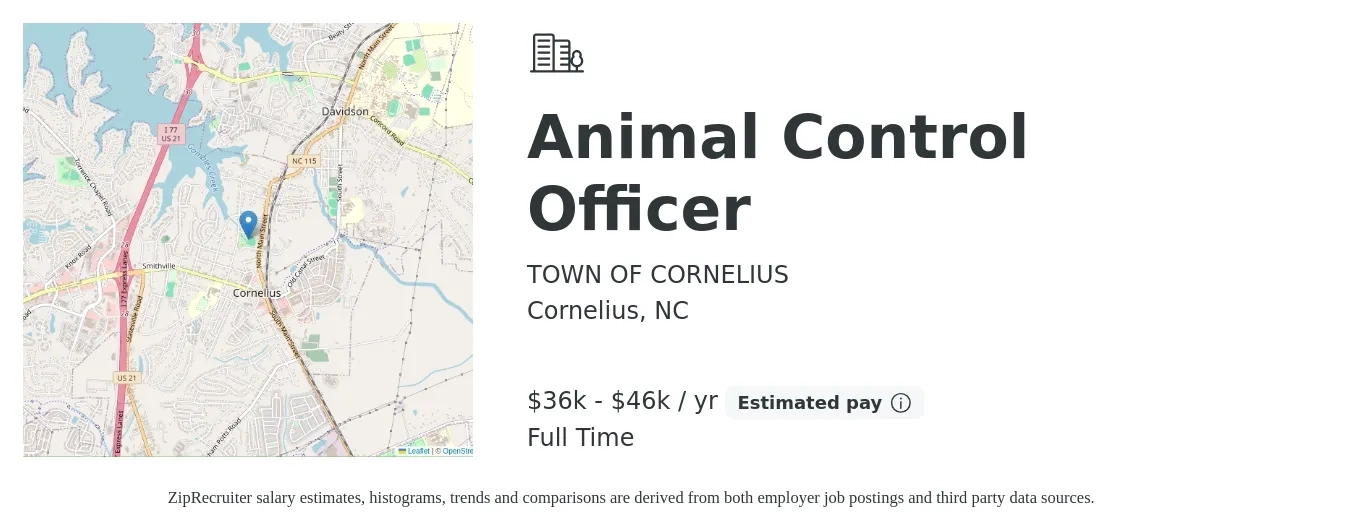 TOWN OF CORNELIUS job posting for a Animal Control Officer in Cornelius, NC with a salary of $36,842 to $46,052 Yearly with a map of Cornelius location.