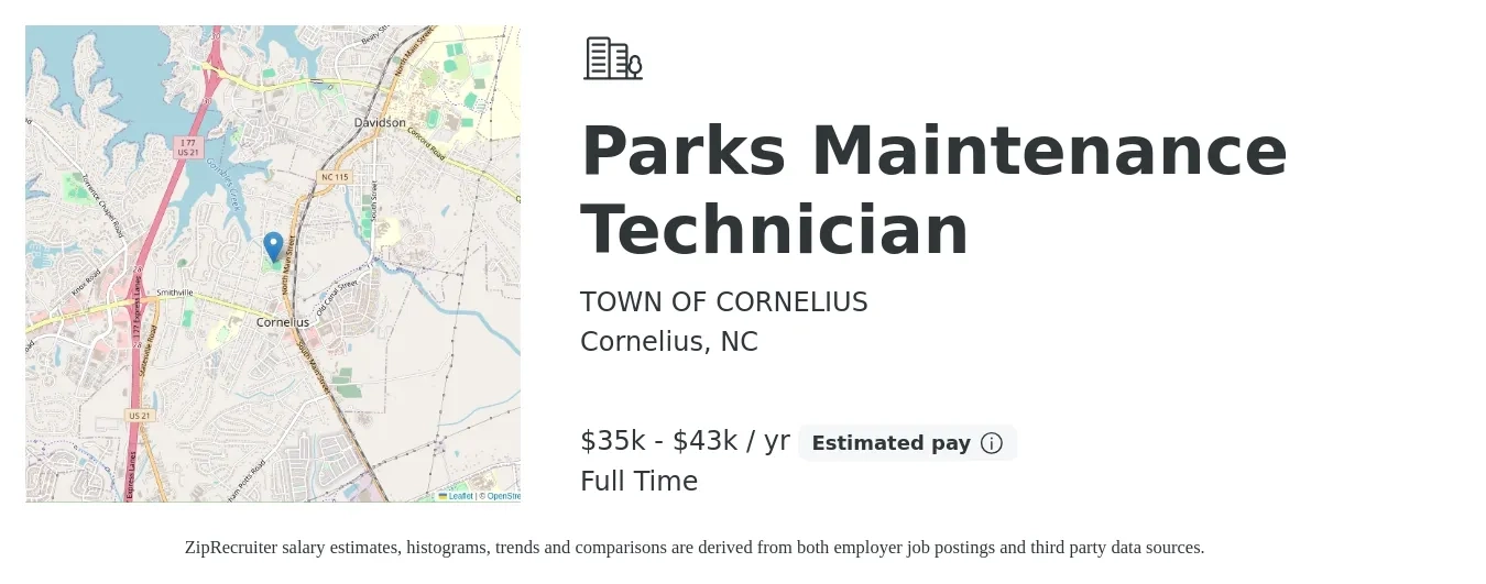 TOWN OF CORNELIUS job posting for a Parks Maintenance Technician in Cornelius, NC with a salary of $35,088 to $43,859 Yearly with a map of Cornelius location.