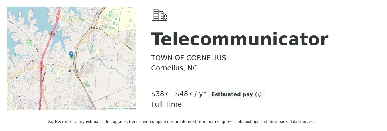 TOWN OF CORNELIUS job posting for a Telecommunicator in Cornelius, NC with a salary of $38,684 to $48,355 Yearly with a map of Cornelius location.