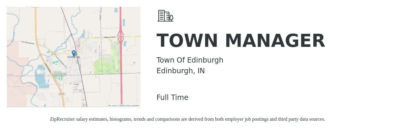 Town Of Edinburgh job posting for a TOWN MANAGER in Edinburgh, IN with a salary of $102,500 to $136,200 Yearly with a map of Edinburgh location.