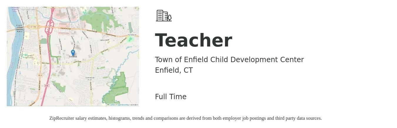 Town of Enfield Child Development Center job posting for a Teacher in Enfield, CT with a salary of $34,000 to $57,800 Yearly with a map of Enfield location.