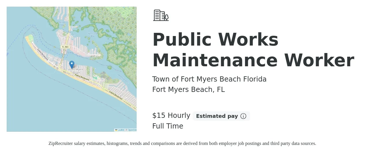 Town of Fort Myers Beach Florida job posting for a Public Works Maintenance Worker in Fort Myers Beach, FL with a salary of $16 Hourly with a map of Fort Myers Beach location.