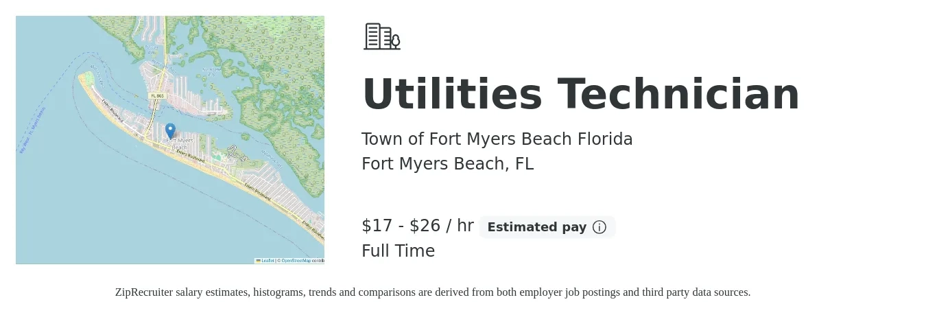 Town of Fort Myers Beach Florida job posting for a Utilities Technician in Fort Myers Beach, FL with a salary of $18 to $28 Hourly with a map of Fort Myers Beach location.